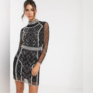 Frock & Frill Long Sleeve Beaded Embellished Rose Mini Party Dress New With Tags